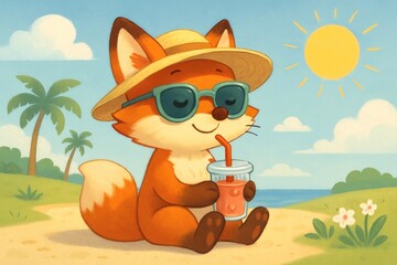 Naklejka premium Cute fox enjoying tropical vacation.