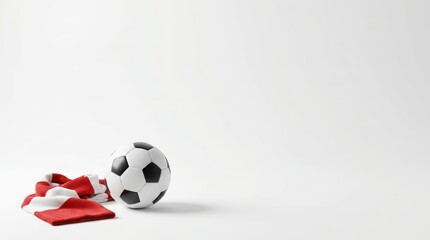 Obraz premium Soccer ball and red white scarf on white background with copy space
