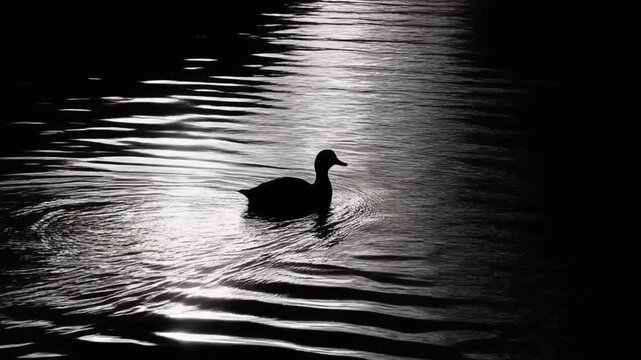 Silhouetted duck floating on reflective water, with streaks of sunlight creating contrast