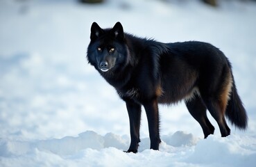 Obraz premium Black wolf with yellow eyes stands in snowy landscape. Wild animal looks directly forward, alert and watchful. Creature in natural habitat during cold winter weather.