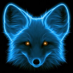 Fototapeta premium A bright arctic fox face with fluffy ears and warm eyes appears in a neon glow. The background is completely black and empty.