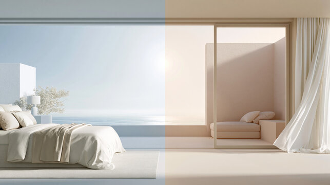 A serene, minimalist modern bedroom featuring light oak built-in wardrobes, a textured plaster wall, floor-to-ceiling windows with warm sunlight, and soft neutral linen bedding for a cozy Japandi aest