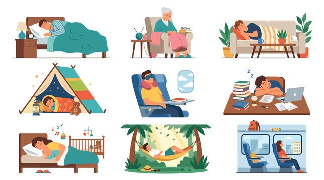 People sleeping and resting in various situations vector illustration. Flat design of tired characters napping at home travel and work. Set of cozy bedtime scenes.