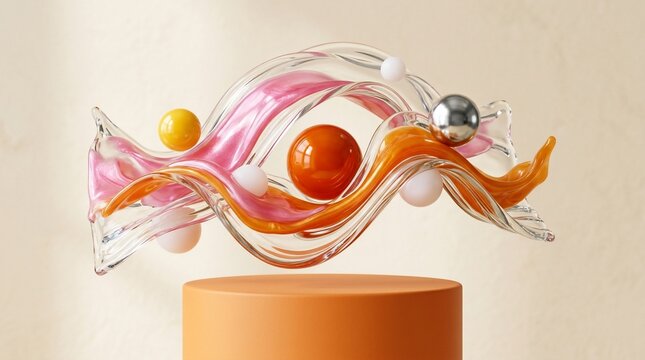 Glass Art Sculpture with Colorful Spheres on Pedestal