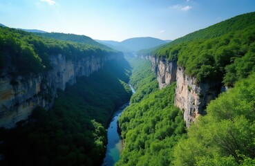 Obraz premium Deep green canyon carved by river below steep rock cliffs covered in lush trees under bright blue summer sky. Majestic natural landscape offers scenic views for hikers and travelers.