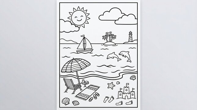 Beach scene with sandcastle and sailboat on sunny day