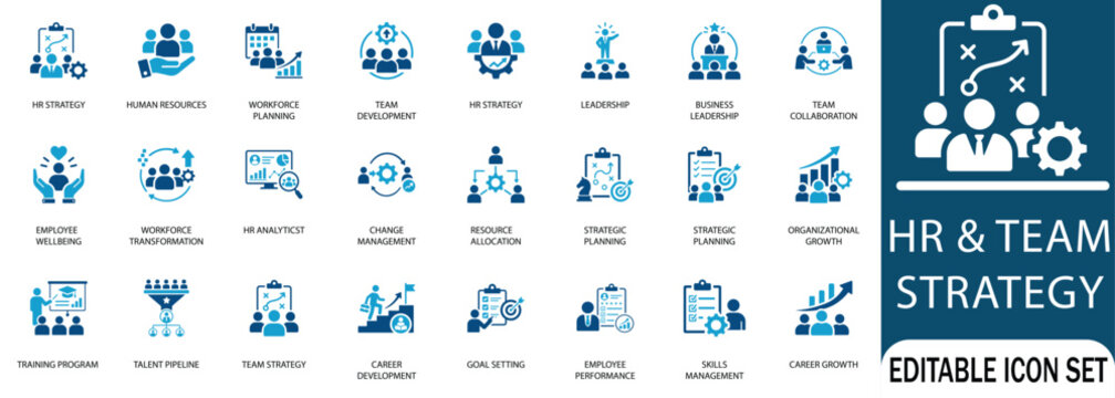 Human resources and team strategy icon set. Vector symbols for workforce planning, leadership, career growth, employee management, and corporate business development.