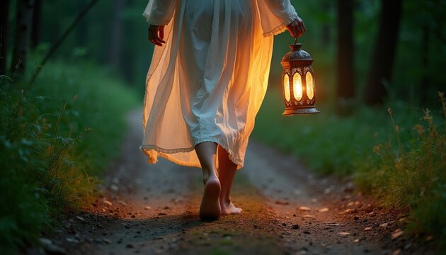 Woman walks barefoot on path with lit lantern at dusk through green forest. She wears a long white dress. Soft warm light illuminates the ground ahead. Peaceful evening nature scene.