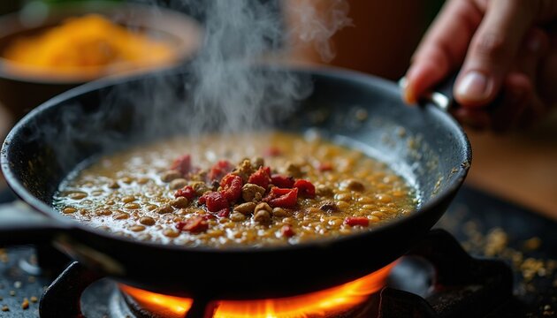 Indian tempering spices sizzle in hot oil. Cumin chili and dal cook in frying pan over gas flame. Person prepares aromatic dal tadka for flavorful meal.