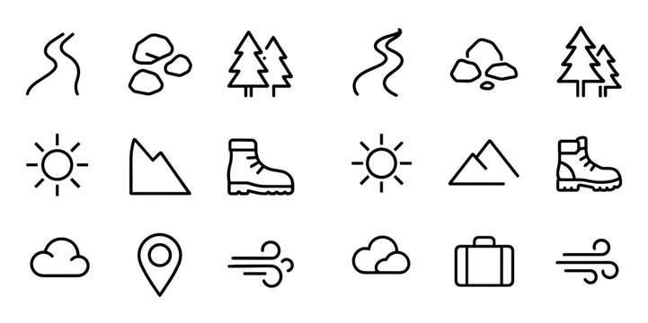 Hiking icons with trail boot tree outline
