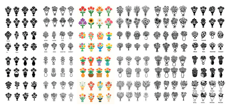 Floral icons with bouquet flower and vase outline