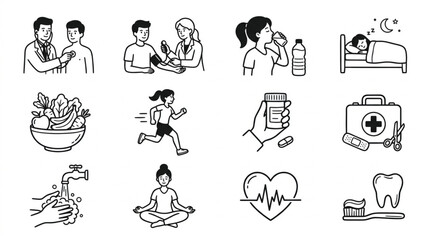 Naklejka premium Collection of Hand Drawn Icons Representing Health and Wellness Concepts.