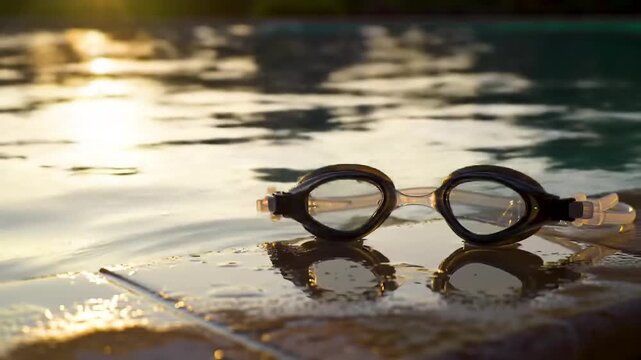 Swimming goggles on pool edge at golden hour sunset.