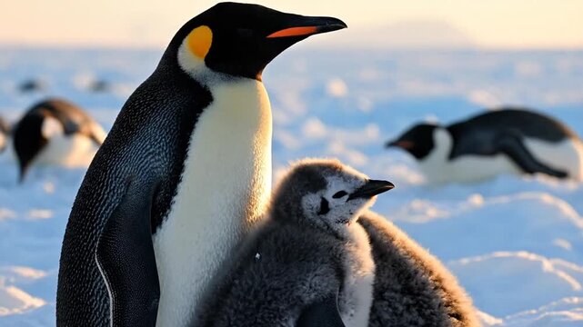 Emperor penguins with fluffy chicks.