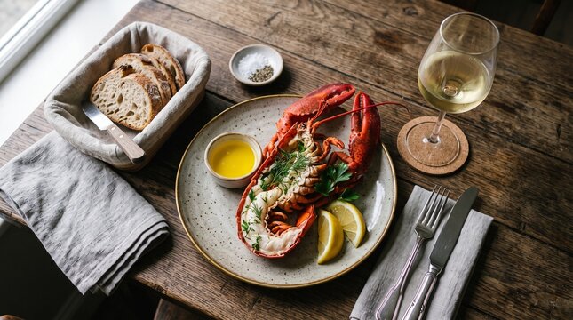 Fine Dining Gourmet Lobster Dinner with White Wine and Sourdough Bread
