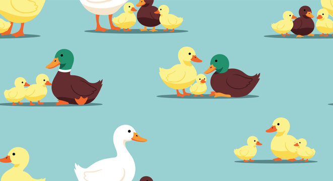 Charming seamless pattern features mallards and white ducks with yellow ducklings on a calm light blue background for nursery room decor.