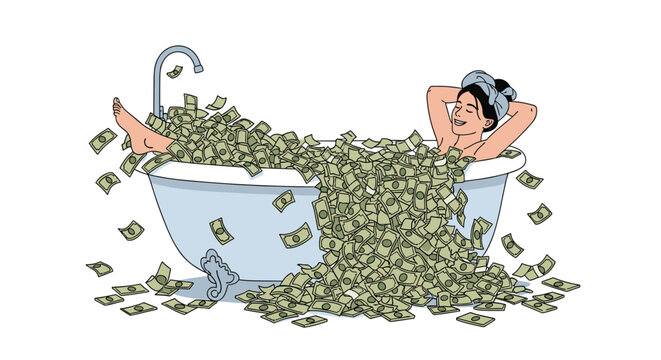 Happy woman relaxes in a white clawfoot bathtub overflowing with heaps of green paper money against a clean white background for wealth.