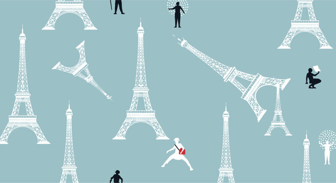 Abstract seamless pattern features white Eiffel Tower silhouettes and various people icons scattered on a muted blue background for travel.