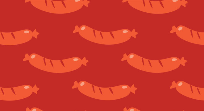 Repeated illustrations of grilled orange sausages are arranged in a simple and appetizing seamless pattern on a solid red background.