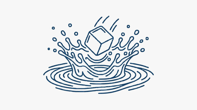 Ice cube splashing into water creating ripples and splashes.