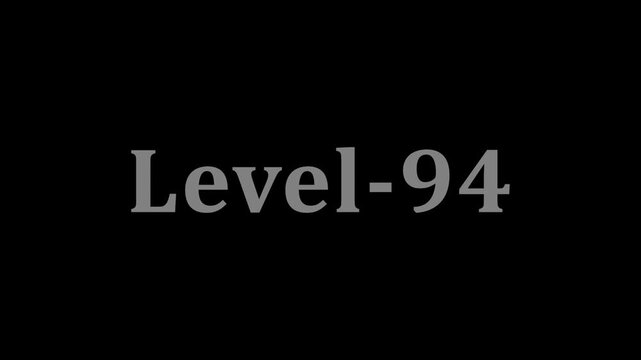 Minimalist level ninety four text animation on black background with soft gray.