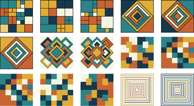 Abstract Geometric Pattern and Square Tile Icon Set with Bauhaus Style Mosaics, De Stijl Art Blocks, and Retro Color Ornament Designs