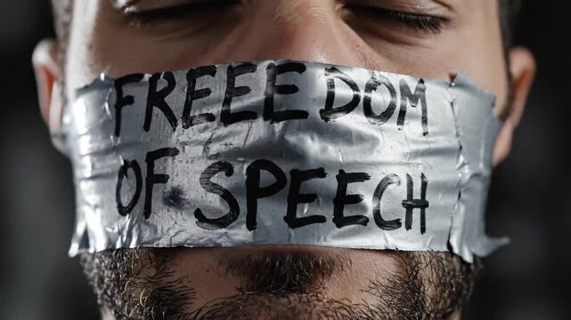 Man with mouth taped shut reading freedom of speech.