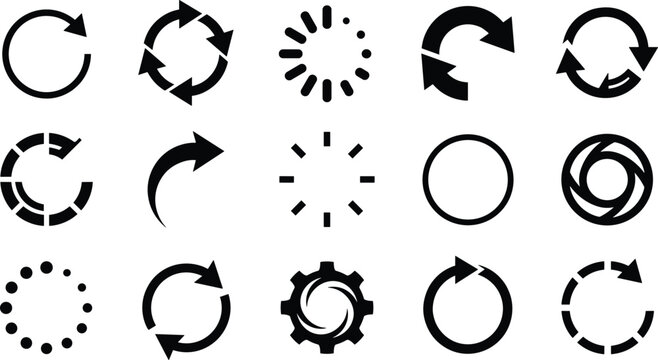 Circular Loading and Refresh Arrow Icon Set with Reset, Update, Cycle, Gear, and Progress Preloader Symbols for Website Interface Design