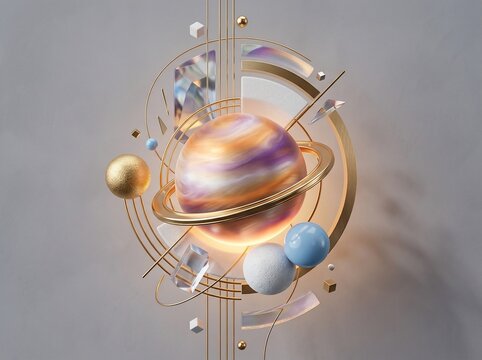 Planetary system with colorful planets and gold rings in space