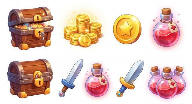 Fantasy Adventure Game Icons Featuring Treasure Chest, Magic Potions, Gold Coins and Weapons
