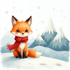 Naklejka premium Cute fox wearing red scarf sits in snowy mountains. Adorable cartoon animal in winter landscape. Watercolor illustration for kids with fluffy tail and big eyes.