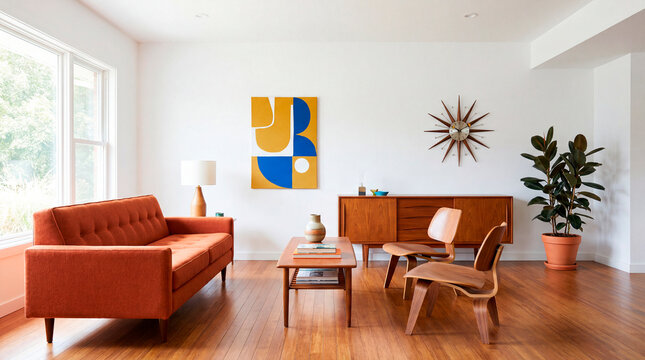 Warm midcentury living room with terracotta sofa and bold geometric wall art