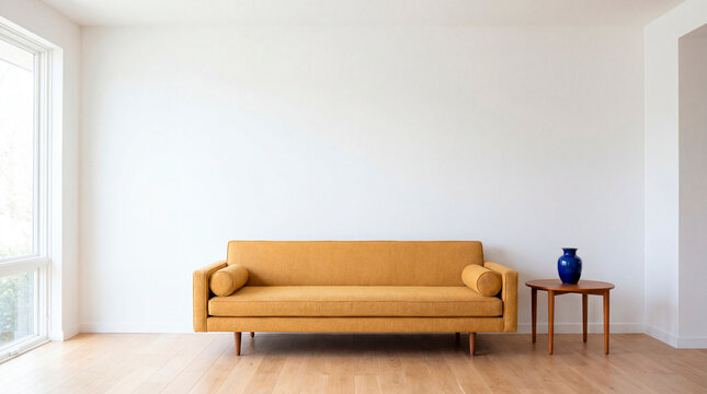 Minimalist living room mockup with mustard sofa and empty white wall copyspace