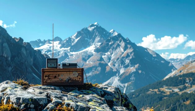 Majestic mountain peak with ancient stone fortress ruins.