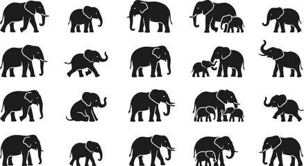 Elephant silhouette vector set wildlife herd animal icons black illustration © SREE NOMITA RANI 1