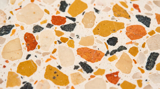 Colorful terrazzo stone texture background with warm orange and cream chips