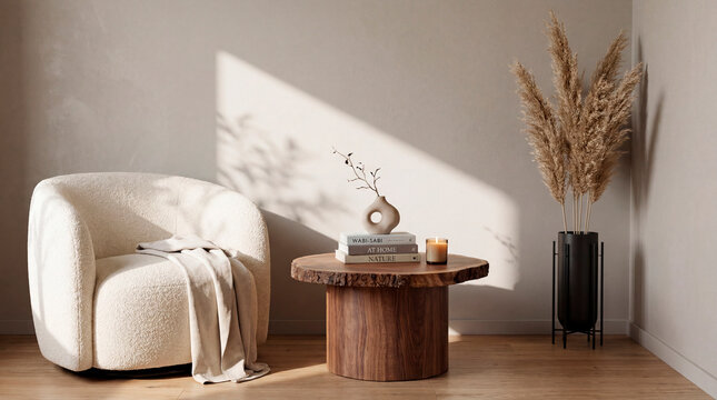 Serene japandi living corner with boucle armchair and live edge wooden table
