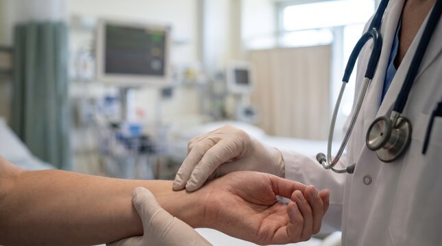 Close-up of Doctor Hand Checking Patient Pulse with Stethoscope in Hospital: A Conceptual Triad of Professional Medical Care, Diagnostic Heart Rate Examination, and Healthcare Vital Signs Monitoring