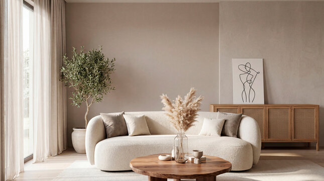 Serene japandi living room with curved boucle sofa and olive tree by window