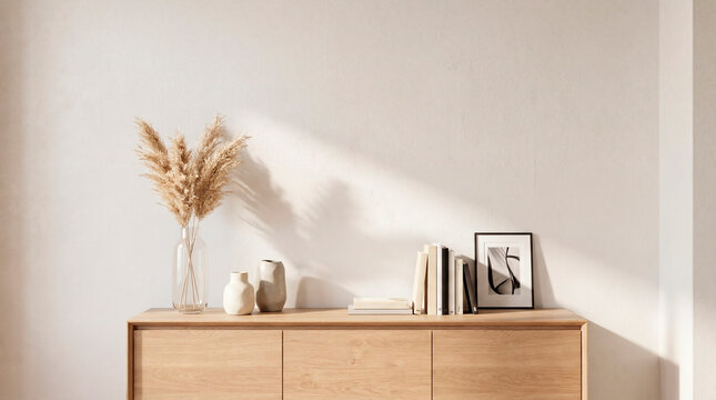 Minimalist japandi sideboard vignette with pampas grass and framed wall art