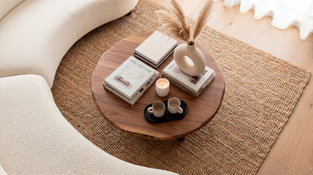 Overhead view of japandi coffee table with books and ceramics on jute rug