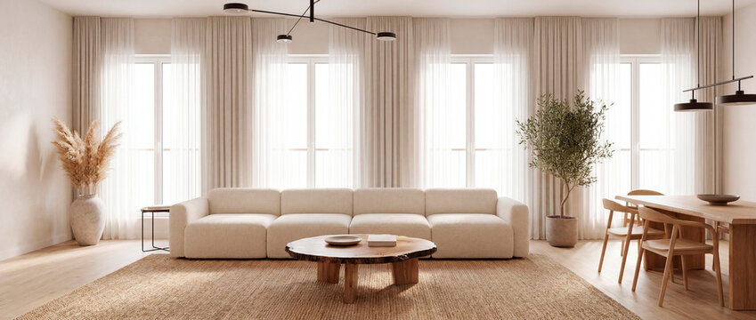 Panoramic japandi living and dining room with boucle sofa and pampas grass