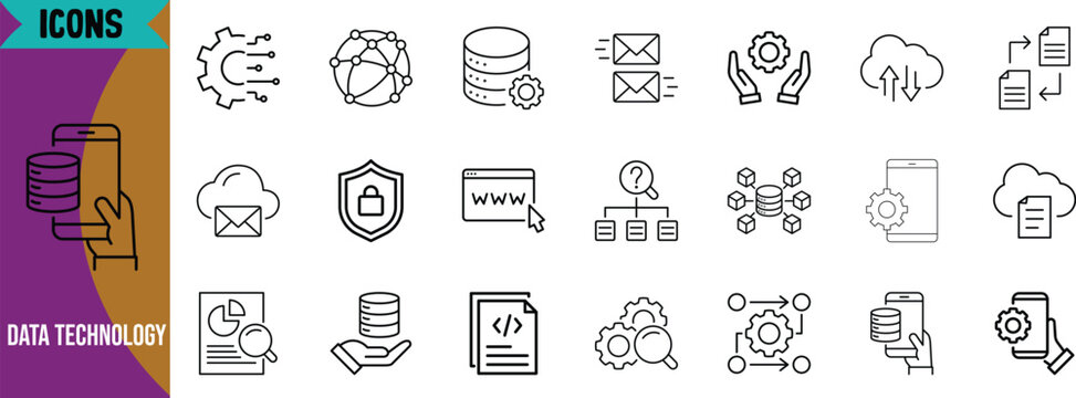 Data technology outline icons bundle. database icon set, cloud icon set, gear icon set