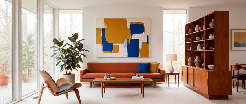 Bright midcentury living room with terracotta sofa and geometric abstract art