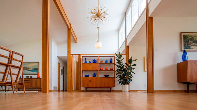 Low angle view of midcentury home with sputnik chandelier and teak shelving