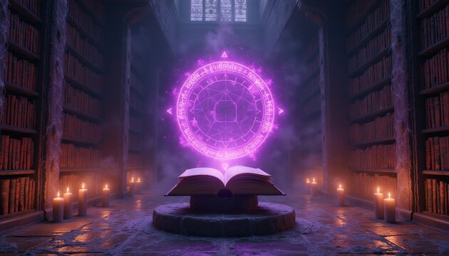 Open book radiates glowing magic circle in dark library. Candles flicker near dusty bookshelves. Ancient runes and arcane symbols appear in mystical portal.