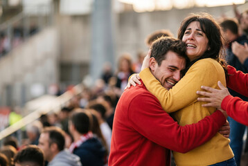 Fototapeta premium Fans in red and yellow clothing hugging emotionally at stadium