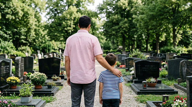 Father and Young Son Paying Respects Together at a Peaceful Cemetery Burial Ground Site