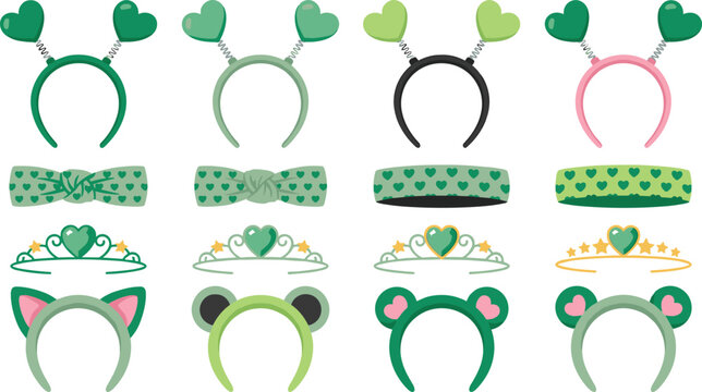 Green Headband and Hair Accessory Icon Set with Heart Boppers, Tiara Crowns, Cute Animal Ear Hairbands, and Patterned Headwraps for St Patricks Day Fashion Designs