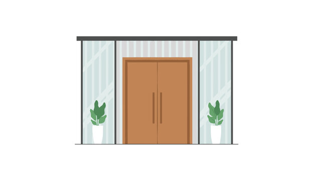 Modern glass double doors entrance design with decorative green indoor plants placed in white pots on either side of the doorway.